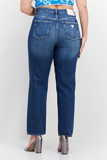Guess Women Mom Fit High Waist Washed Non-Stretchable Denim, Blue