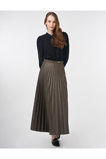 Kayra Polka Dot Patterned Pleated Skirt Khaki