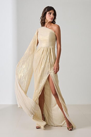 Setre Bone Gold One Shoulder Drape Detailed Full Mold Long Evening Dress
