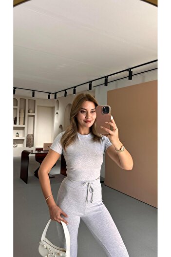 Sezgi Tekin Premium Seri Yüksek Bel İspanyol Paça Pantolon Crop Melanjlı Gri Takım