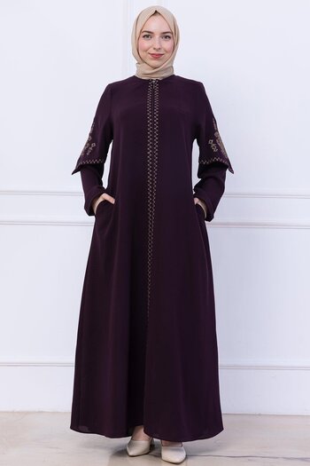 hafsamina Embroidery Detailed Ferace Plum Hm2733