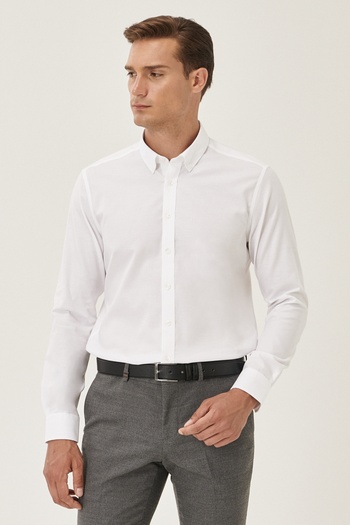 ALTINYILDIZ CLASSICS Men's White Iron-Free Tailored Slim Fit Slim Fit Buttoned Collar 100% Cotton Shirt