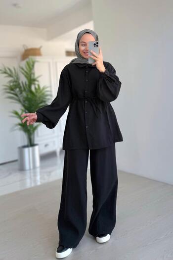Ka Hijab Slit Detail Balloon Sleeve Set - Black