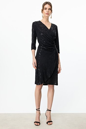 Ekol Sequin Embroidered Double Breasted Collar Dress