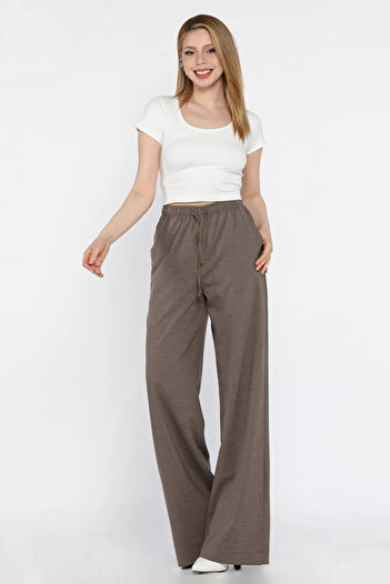 GÜLSELİ Dark Vizon Elastic Waist Lace up Wide Leg Women's Trousers