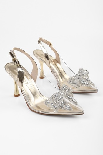 Shoeberry Women's Lumi Gold Transparent Thin Heeled Shoes