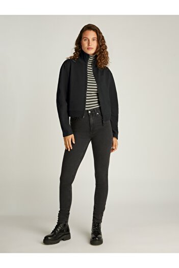 Calvin Klein Women Black Textured Hwk Zip Through Hoodie