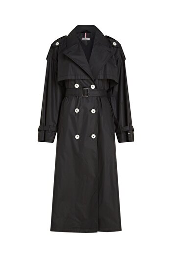 Tommy Hilfiger Women Black Double Breasted Oversized Trench Coat