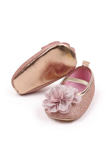 Superbaby Pantofiori aurii cu floricica roz pudra