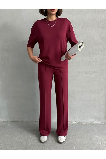 Lusin Women's Burgundy Soft Modal Fabric Short Sleeve Pants Blouse Bottom Top Double Set