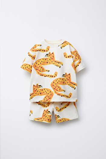 Magu Boy's Cotton Ecru Lion Patterned Summer Shorts T-Shirt Set