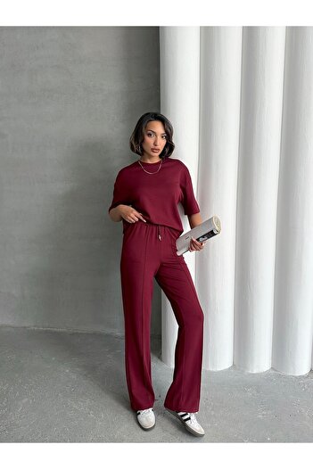 Lusin Women's Burgundy Soft Modal Fabric Short Sleeve Pants Blouse Bottom Top Double Set