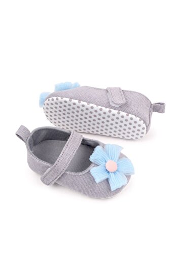 Superbaby Pantofiori gri decorati cu floare bleu