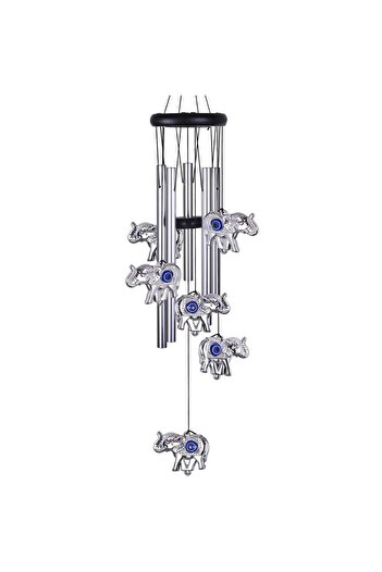 PUFO Clopoțel de vânt cu 5 tuburi sonore metalice argintii pentru casă sau grădină, model Feng-Shui cu 6 elefanți