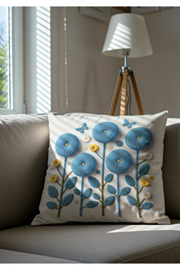 Artvibe Model de broderie cu perforare, imprimat digital, albastru, alb, cu tematică de vară, husă de pernă florală din 2 piese