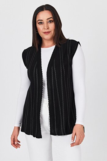 Uludağ Triko Women's Black Glitter Striped V-Neck Seasonal Mother Summer Vest