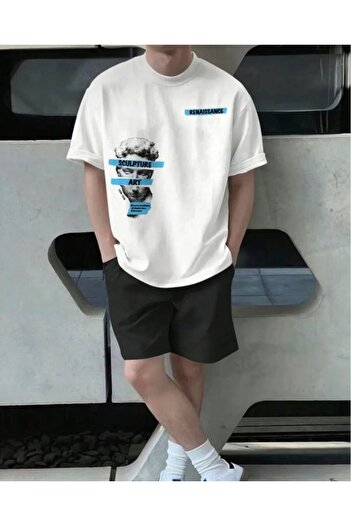 khufu Oversize Crew Neck Bottom Top T-Shirt Shorts Art Printed Double Suit Unisex