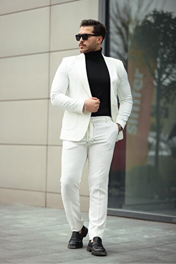 Twenhil Skinny Fit Suit Bag Pocket Pants with Cord White
