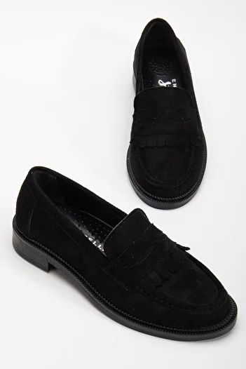 Entella Store Women's Loafer Tasseled Black Suede Casual Shoes