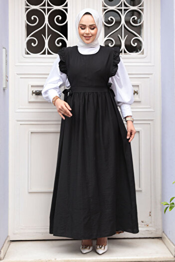 N.S NEVA STYLE Ruffle Detailed Black Hijab Gilet Dress 17051S