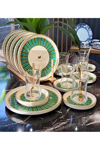 Onedekor 18 Parça Green Bird Garden Pasta Çay Takımı Seti
