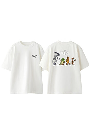 THEWERT The Aliens Design Back Printed Βαμβακερό λευκό μπλουζάκι Oversize
