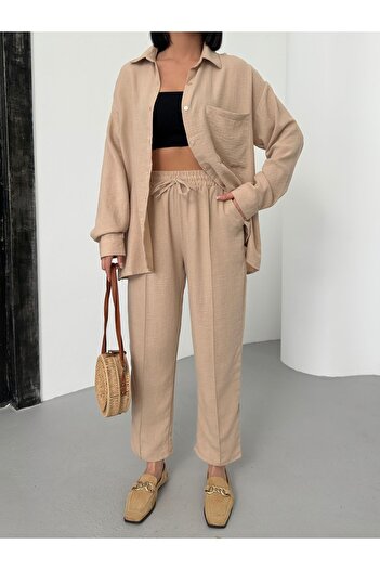 alenmoda Linen Women's Shirt and Trousers Set - Set of Two