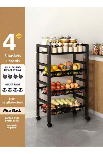Taimi 4-Tier Movable Storage Rack, Steel Kitchen Storage Shelf Black - 102x33x60cm