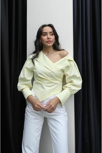 Havoş Light Yellow Asymmetrical Cut Rope Lace up Shirt