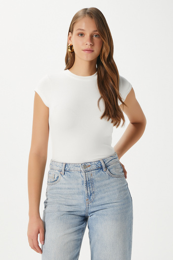 Ritnice Women's Inner Lux Touch Soft Texture Crew Neck Short Sleeve White Blouse