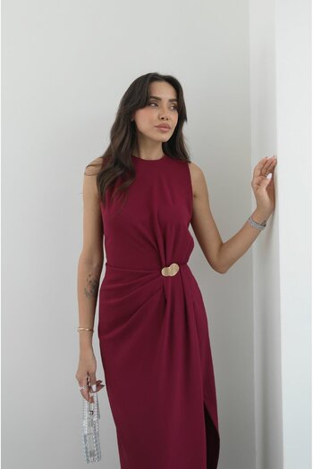 Havoş Cherry Color Crema Buckle Detailed Dress