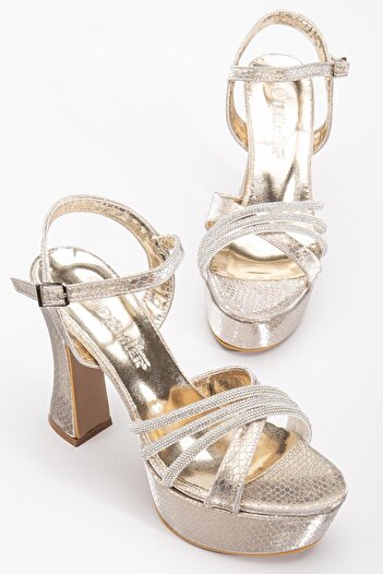Dilimler Ayakkabı Cross Stone 40mm Gold Women's Platform Heeled Evening Dress Shoes