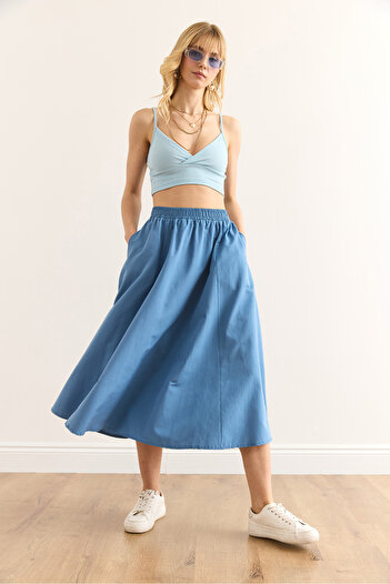 Olalook Women's Indigo Pocket Elastic Waist Midi Woven Bell Skirt Etk-19000271