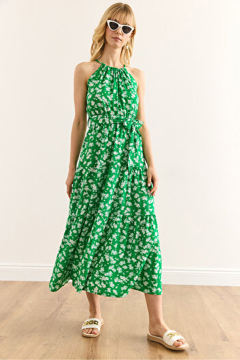 Olalook Women's Green White Floral Halter Neck Belted Woven Viscon Dress Elb-19001548