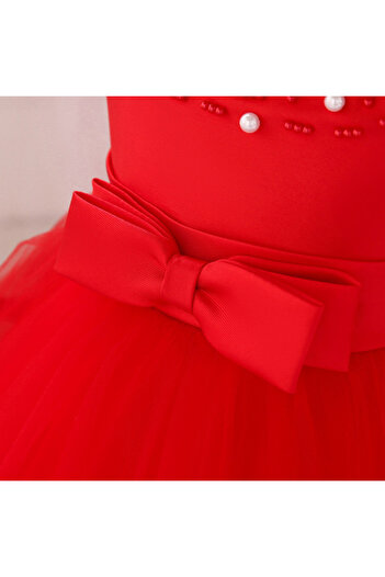 Superbaby Red occasion dress with pearls