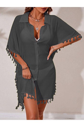 HOPLEVER Bat Sleeve Buttoned Pareo with Tasseled Edge