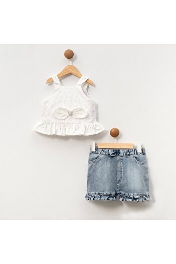 Marka Girl's 1-4 Years Old Denim Shorts with Fisto Straps Double Set