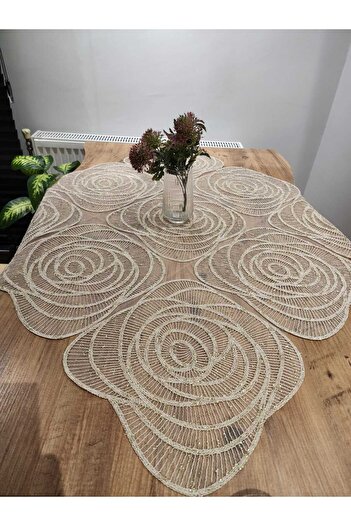 YALINSHOME lüx masa örtüsü ve fiskos dantel gold simli bej (sütlü kahve) 95x95cm