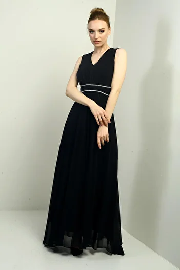 By Saygı Women's V-Neck Waist Stone Detailed Front Gathered Lined Back Tie Crepe Chiffon Long Dress