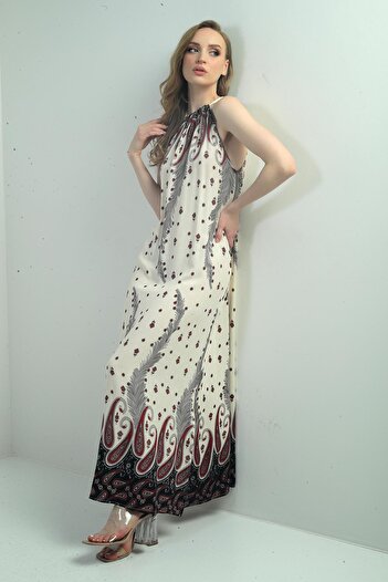 By Saygı Women's Halter Neck Tie-Up Floral Print Long Dress with Pockets