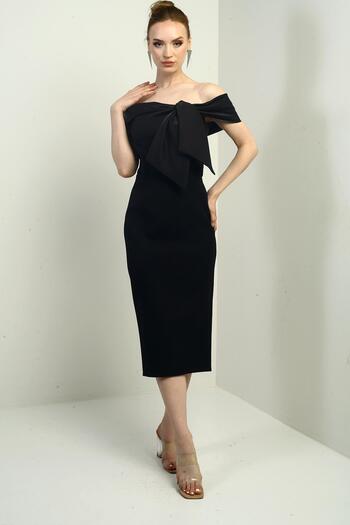 By Saygı Women's Satin Madonna Collar Self-Taped Midi Dress