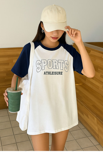 VBSVİBES Sports Athleisure Λευκό Μπλουζάκι Μπλε Μπλε Μανίκι - Μπλουζάκι με λαιμόκοψη