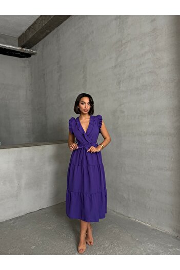 BEJNA Women's Purple Flounce Double Breasted Collar Dress