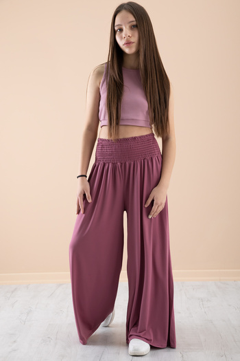 Cansın Mini Dusty Rose Ribbed Cropped Girls' Wide Cut Pants Suit 20383