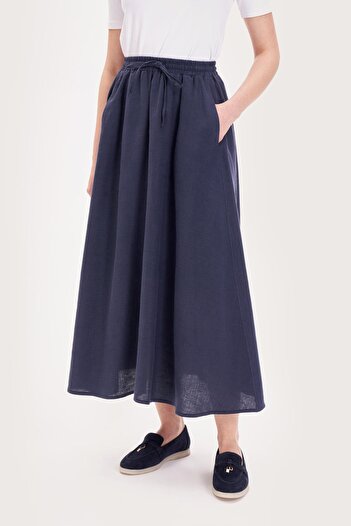 TERZİ DÜKKANI TERMÉSZETES 100% VÁSZON BELI ELASTIC SZOKNYA NAVY BLUE