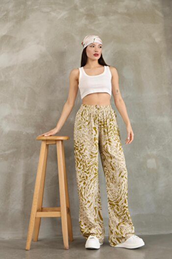 RE7EDİ Yellow White Patterned Women's Viscosa Cotton Trousers