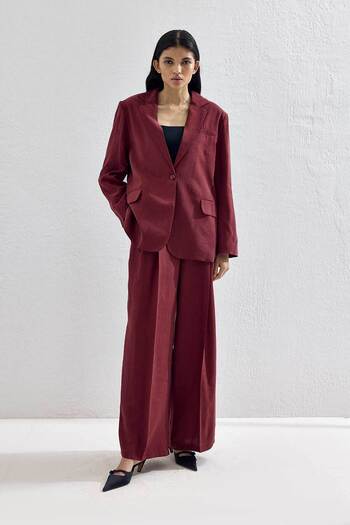 Hooopstore Lyocell Cupra Fabric Pleated Palazzo Burgundy Trousers