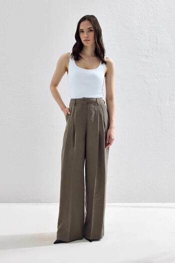 Hooopstore Lyocell Cupra Fabric Pleated Palazzo Dark Khaki Trousers