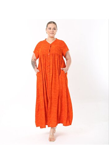 Şans Women Plus Size Orange, Woven Viscose Long Dress with Oversize Buttons Side Slit Pockets 65N38734
