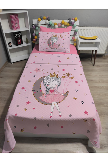 yok yok evim eve dair her şey 4 Piece Girl Sitting on the Moon Patterned Single Pi̇ke Bedspread Set with Elastic Sheets